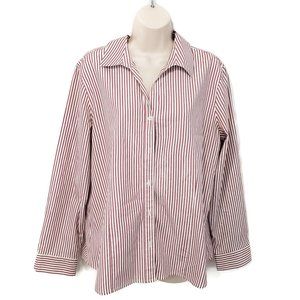 Ladies Striped Button Up Shirt Chico's 2 Long Sleeve Cuffed Metallic Red Silver